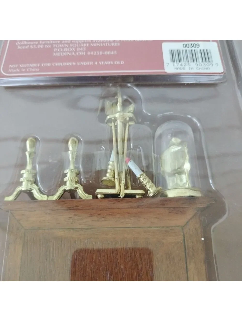 Dollhouse Fireplace Tools Mantle Clock TOWN SQUARE MINIATURES Cherry Wood NOS